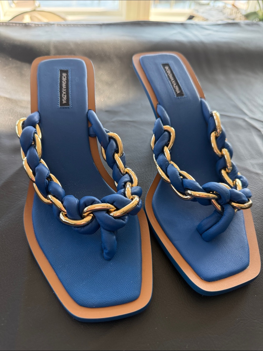 BCBGMaxAzria Navy Blue Braided Chain-Trim Square Toe Slide Sandals